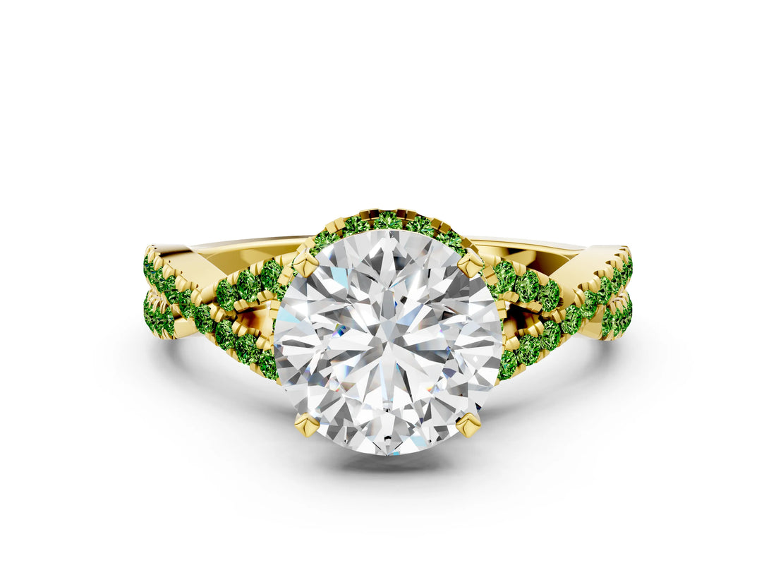 Yellow gold Round Cut Diamond with Peridot side stone Halo Twist Band Solitaire Prong Setting Ring_24
