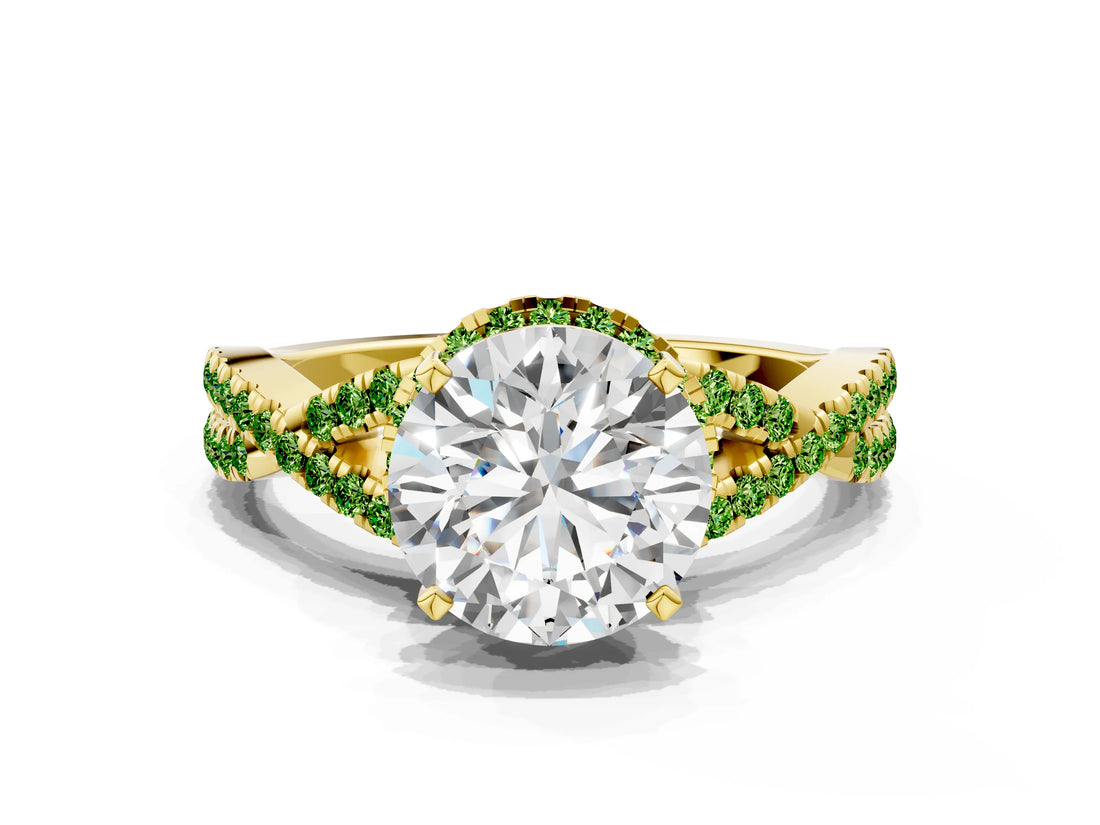Yellow gold Round Cut Diamond with Peridot side stone Halo Twist Band Solitaire Prong Setting Ring_36
