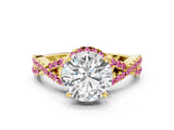 Yellow gold Round Cut Diamond with Pink Sapphire side stone Halo Twist Band Solitaire Prong Setting Ring_12