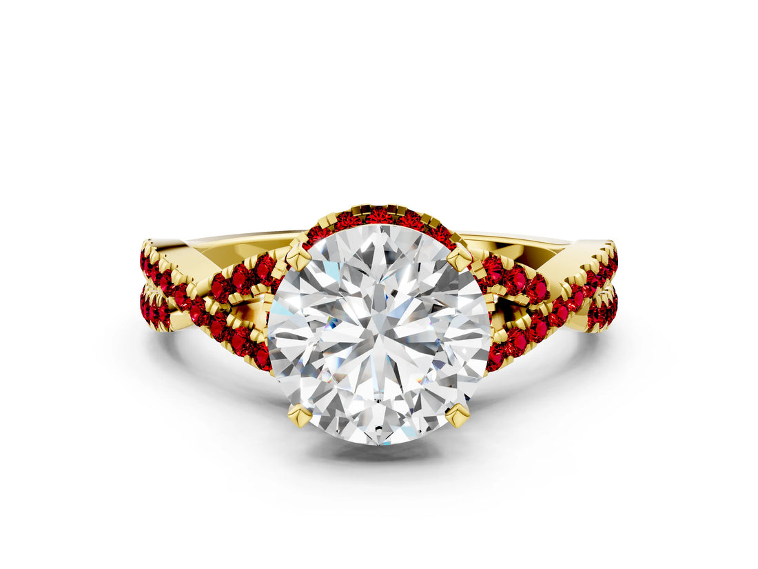 Yellow gold Round Cut Diamond with Ruby side stone Halo Twist Band Solitaire Prong Setting Ring_24