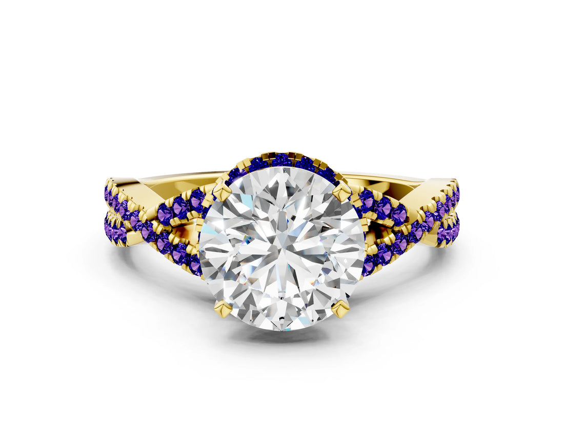 Yellow gold Round Cut Diamond with Tanzanite side stone Halo Twist Band Solitaire Prong Setting Ring_12