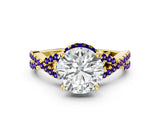 Yellow gold Round Cut Diamond with Tanzanite side stone Halo Twist Band Solitaire Prong Setting Ring_36