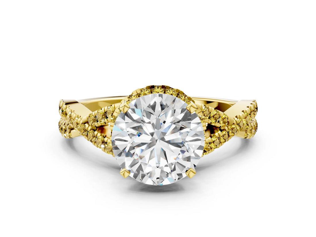 Yellow gold Round Cut Diamond with Yellow Sapphire side stone Halo Twist Band Solitaire Prong Setting Ring_36