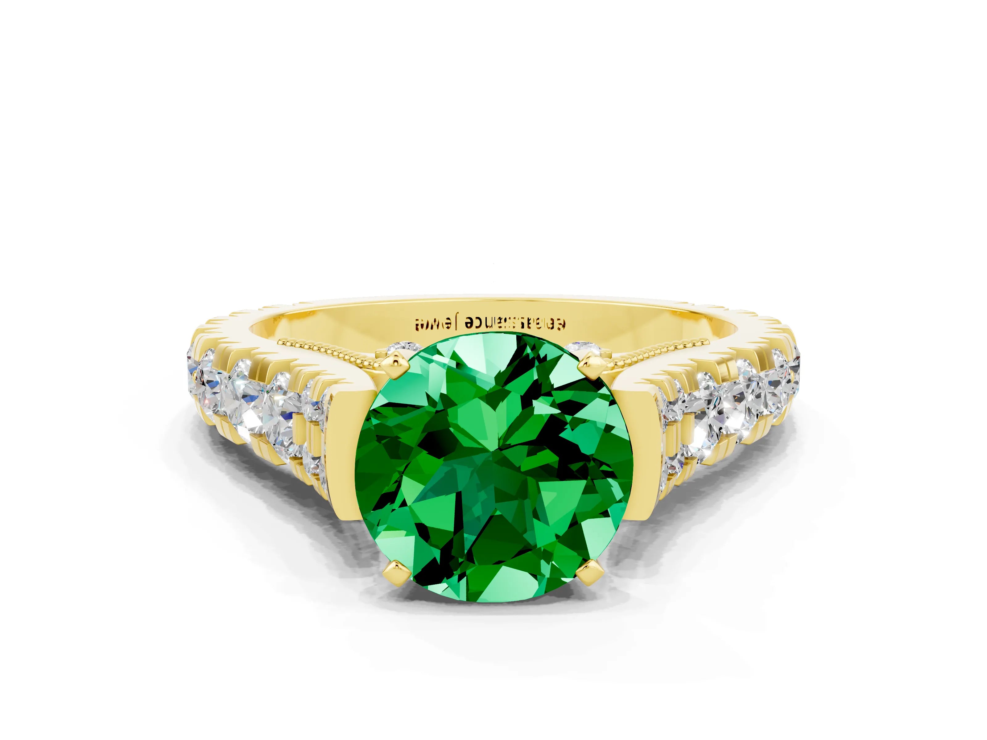 Yellow gold Round Cut Emerald Classic Solitaire Ring with Pavé Band and Four-Prong Setting_10