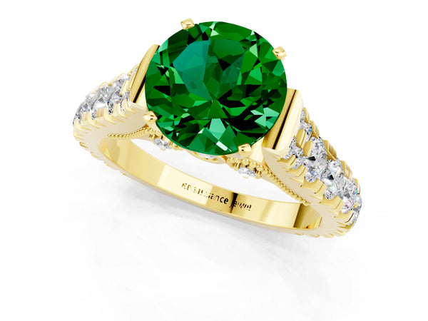 Yellow gold Round Cut Emerald Classic Solitaire Ring with Pavé Band and Four-Prong Setting