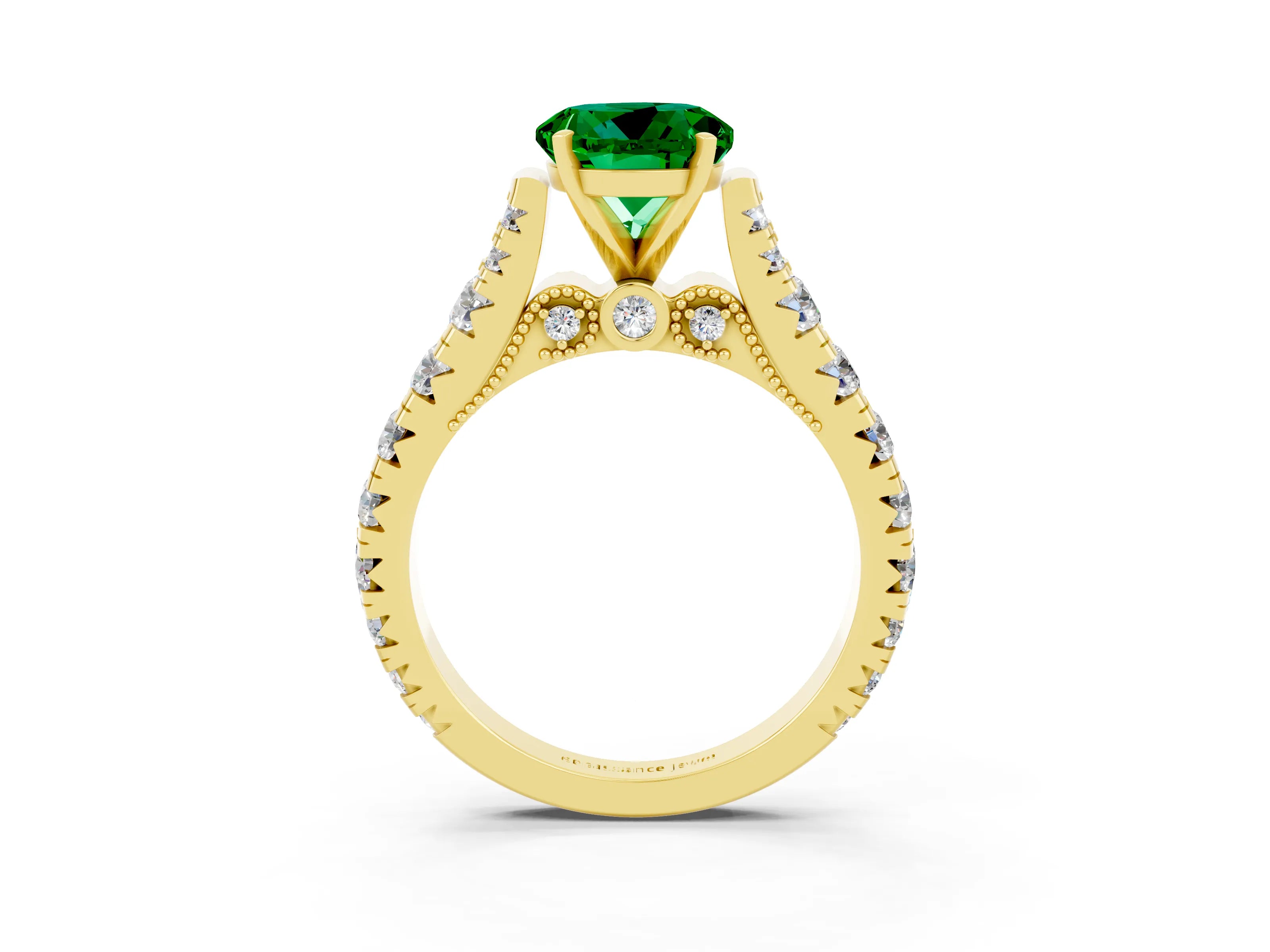 Yellow gold Round Cut Emerald Classic Solitaire Ring with Pavé Band and Four-Prong Setting_13
