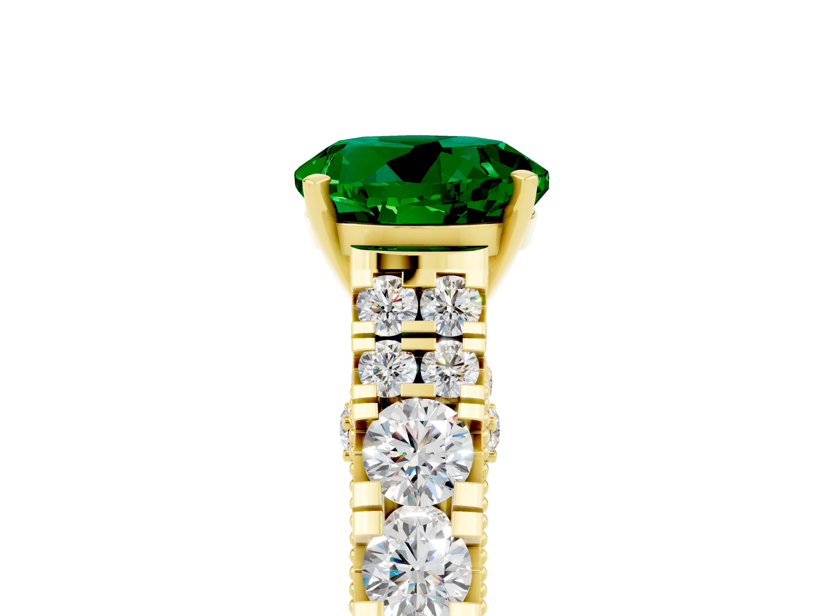 Yellow gold Round Cut Emerald Classic Solitaire Ring with Pavé Band and Four-Prong Setting_15