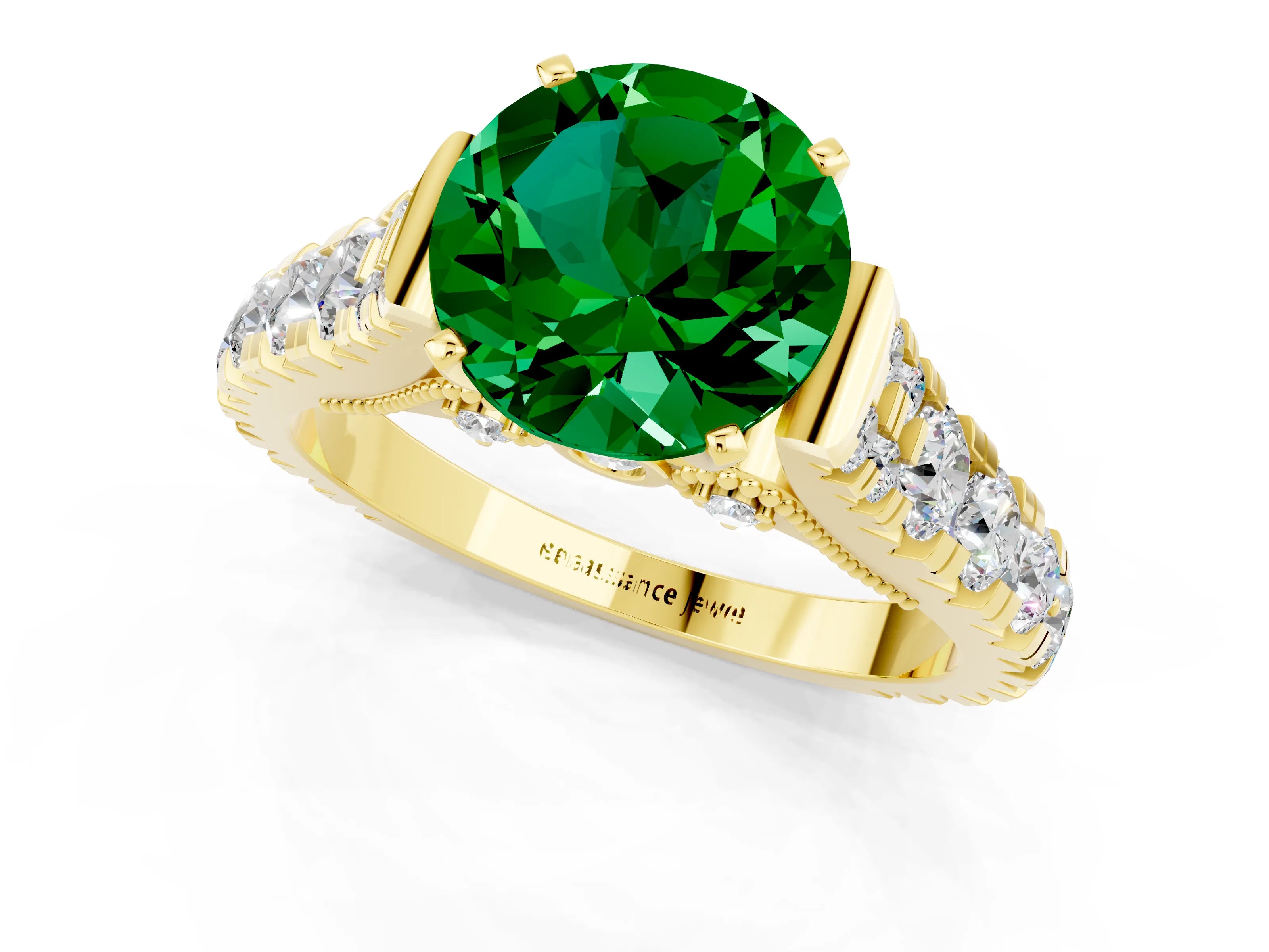 Yellow gold Round Cut Emerald Classic Solitaire Ring with Pavé Band and Four-Prong Setting_23