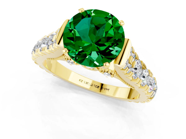 Yellow gold Round Cut Emerald Classic Solitaire Ring with Pavé Band and Four-Prong Setting