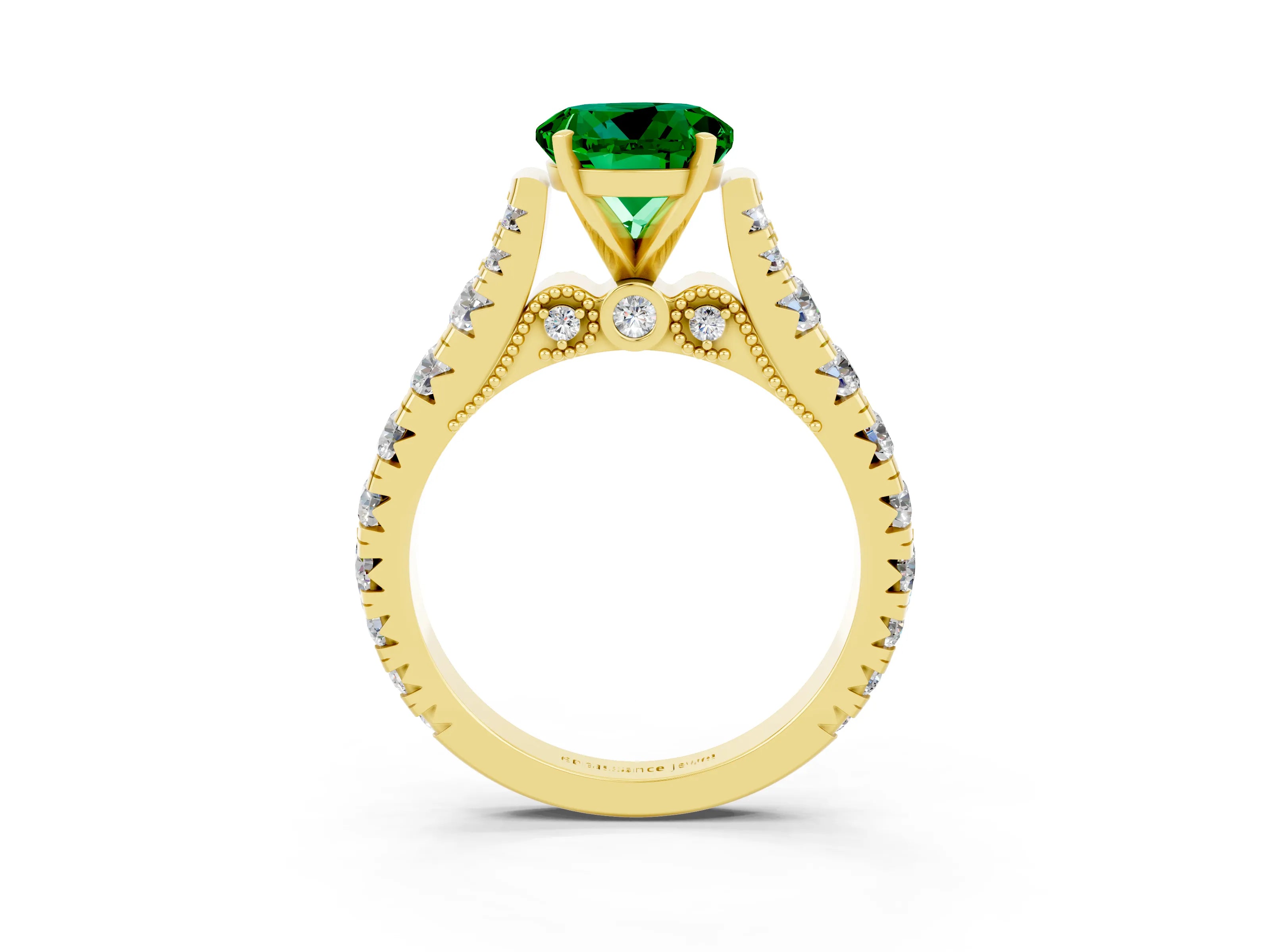 Yellow gold Round Cut Emerald Classic Solitaire Ring with Pavé Band and Four-Prong Setting_3