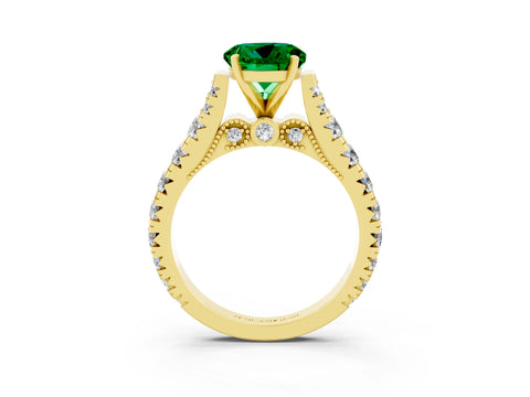 Yellow gold Round Cut Emerald Classic Solitaire Ring with Pavé Band and Four-Prong Setting_3