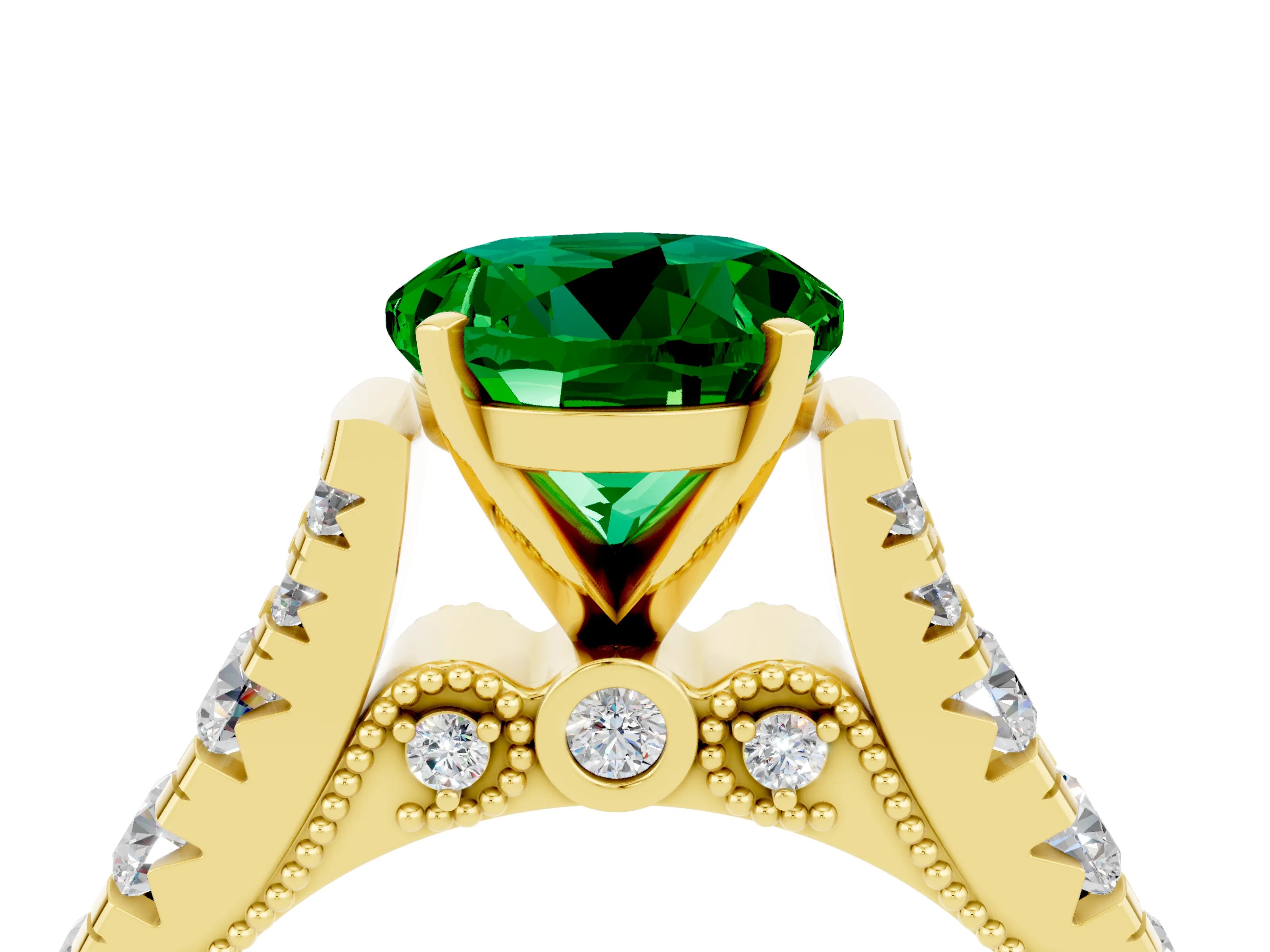 Yellow gold Round Cut Emerald Classic Solitaire Ring with Pavé Band and Four-Prong Setting_4