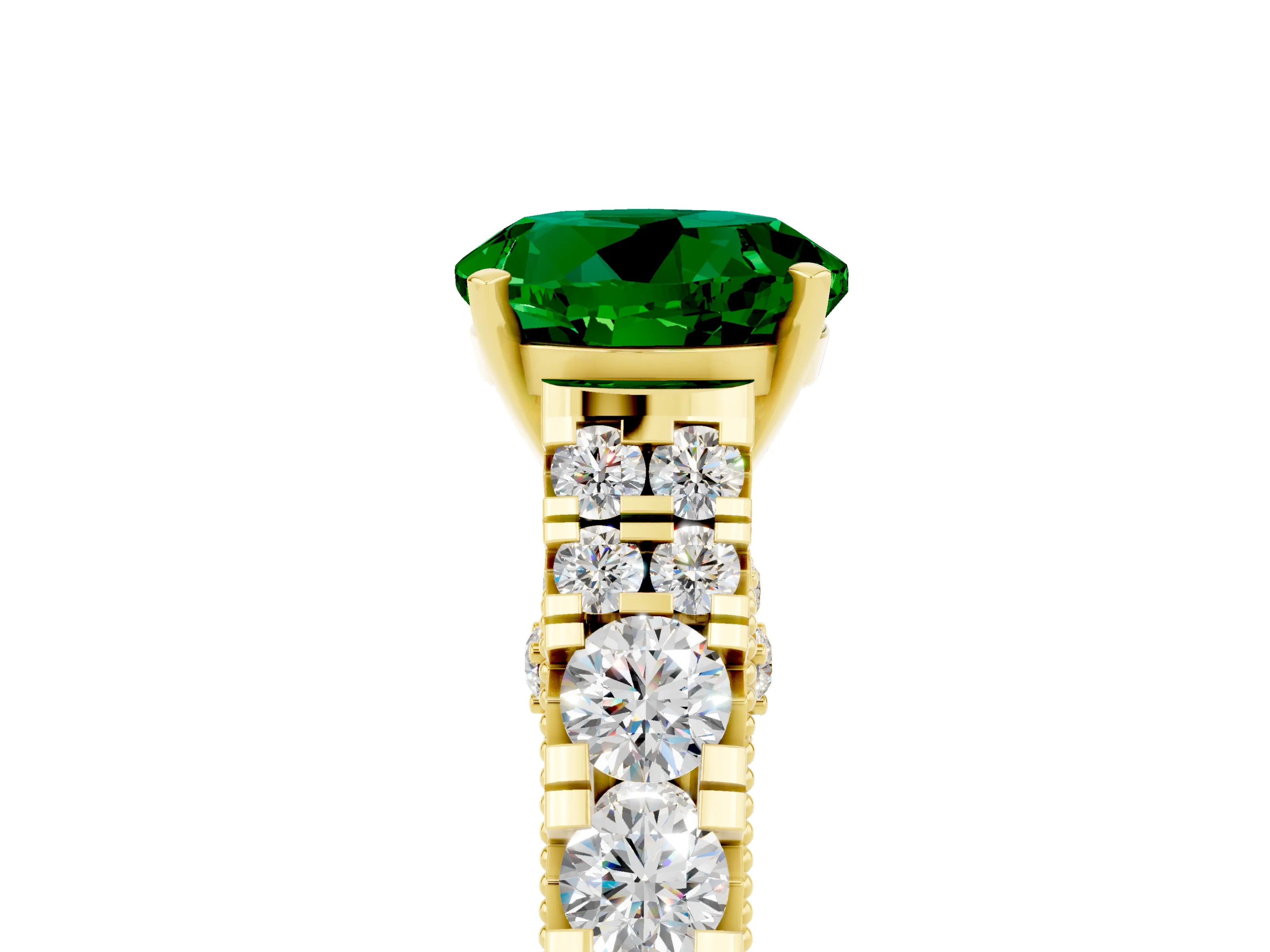 Yellow gold Round Cut Emerald Classic Solitaire Ring with Pavé Band and Four-Prong Setting_5