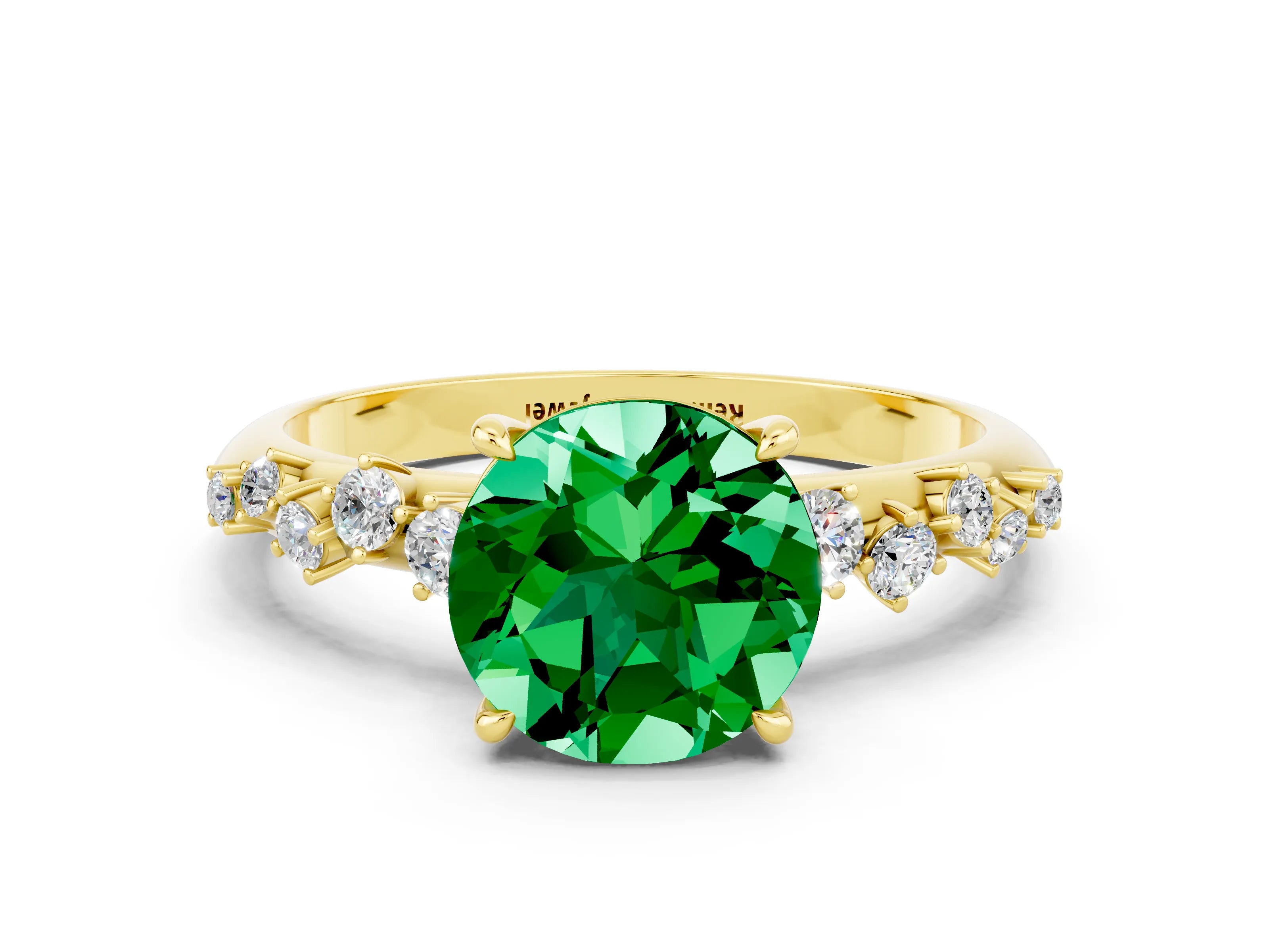 Yellow gold Round Cut Emerald Cluster Side Stone Solitaire Ring with Prong Setting_24