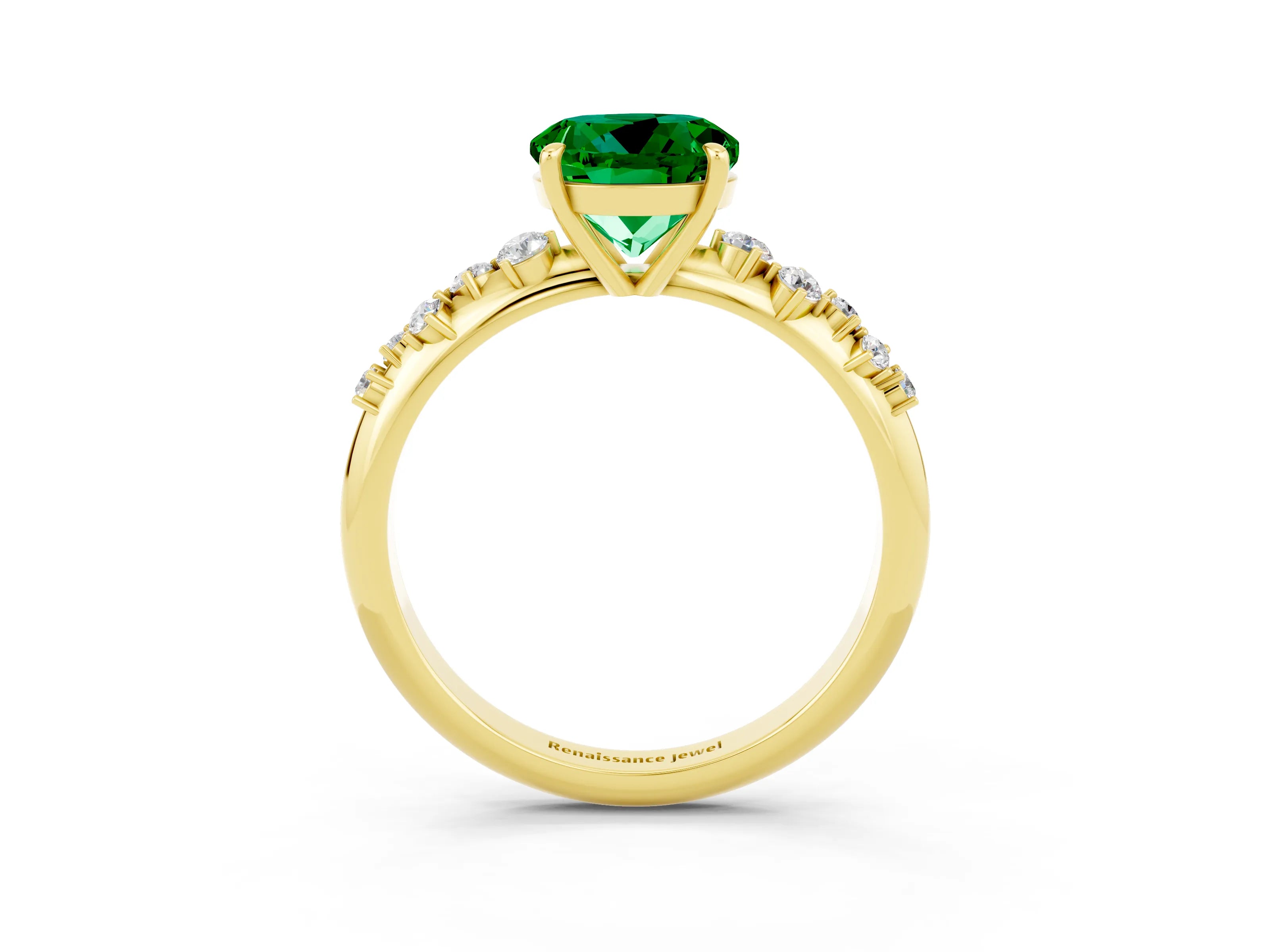 Yellow gold Round Cut Emerald Cluster Side Stone Solitaire Ring with Prong Setting_27