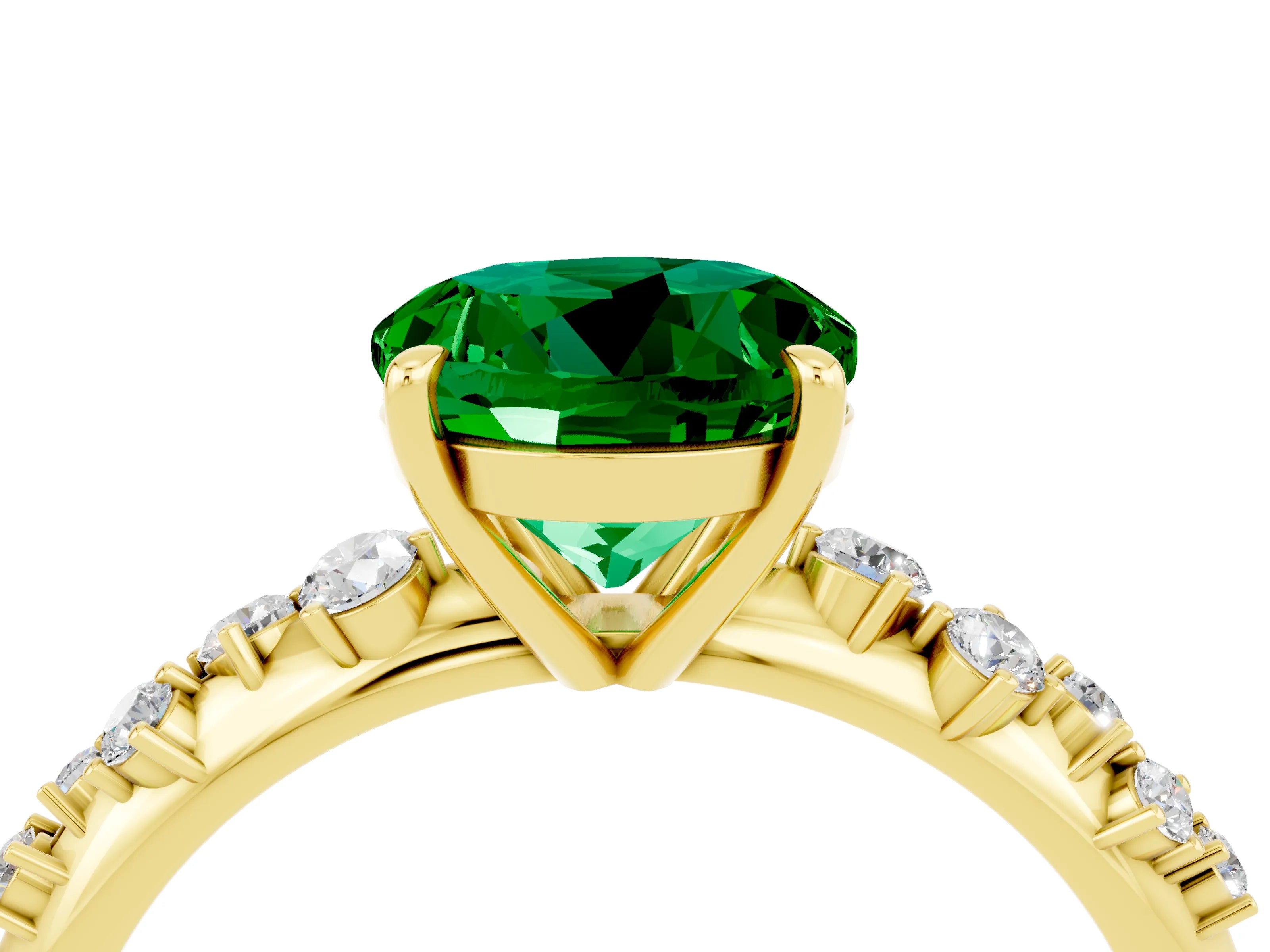 Yellow gold Round Cut Emerald Cluster Side Stone Solitaire Ring with Prong Setting_28