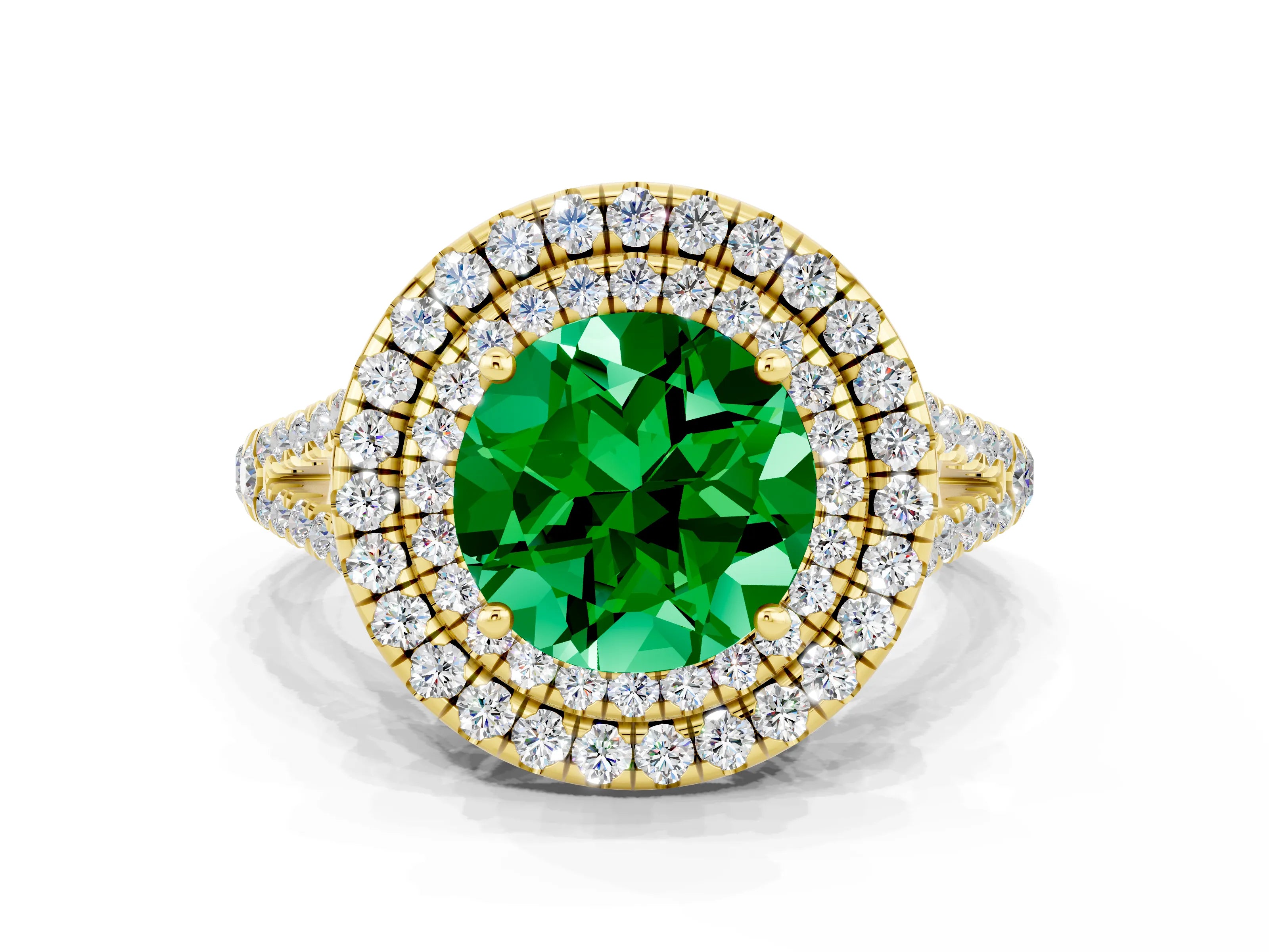 Yellow gold Round Cut Emerald Double Halo Ring with Pavé Band and Prong Setting_12