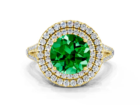 Yellow gold Round Cut Emerald Double Halo Ring with Pavé Band and Prong Setting_12