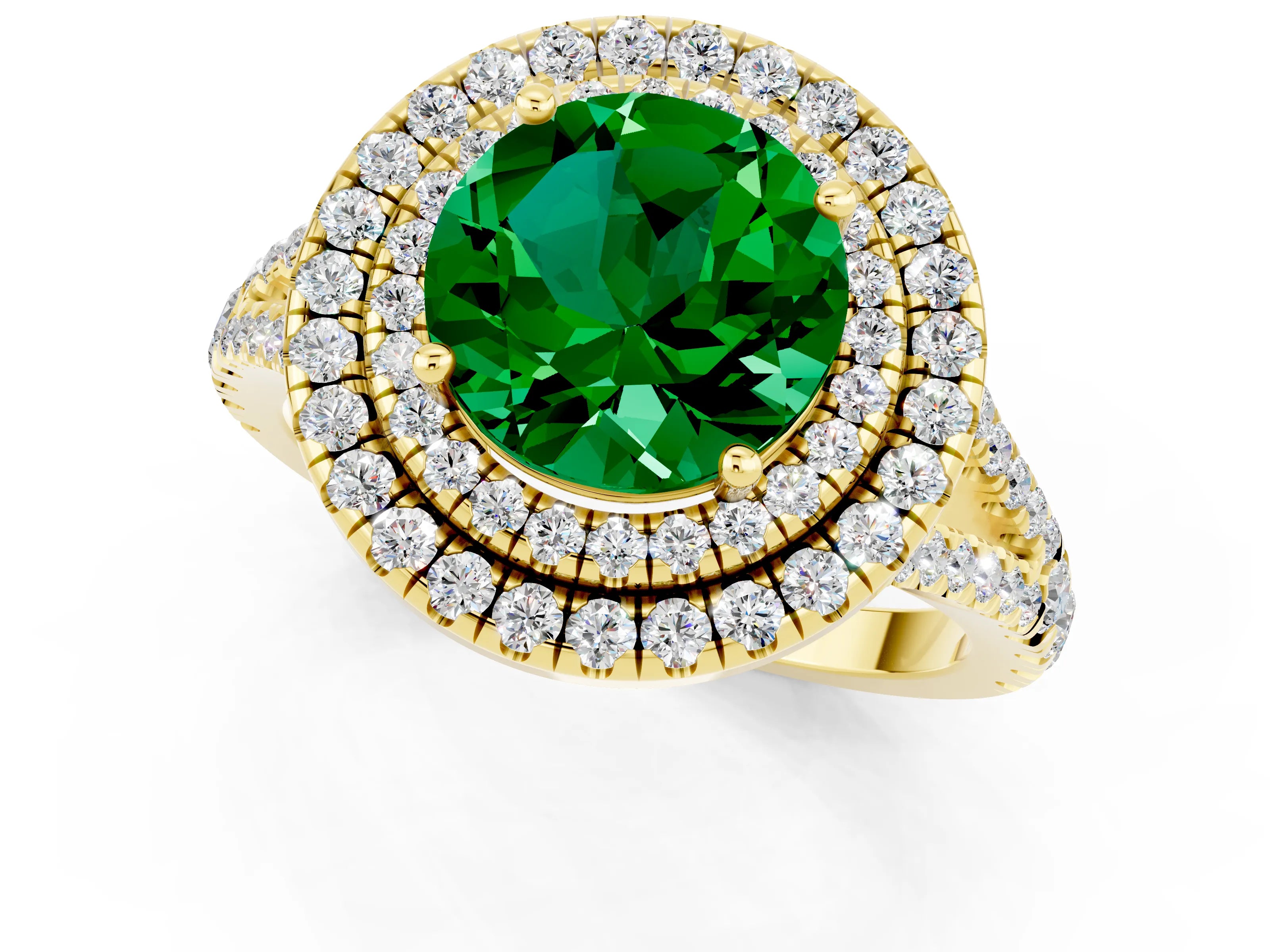 Yellow gold Round Cut Emerald Double Halo Ring with Pavé Band and Prong Setting_13