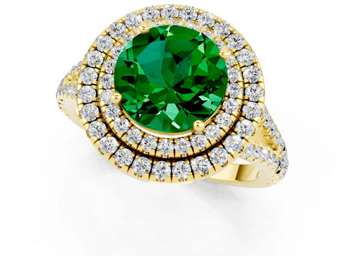 Yellow gold Round Cut Emerald Double Halo Ring with Pavé Band and Prong Setting_13