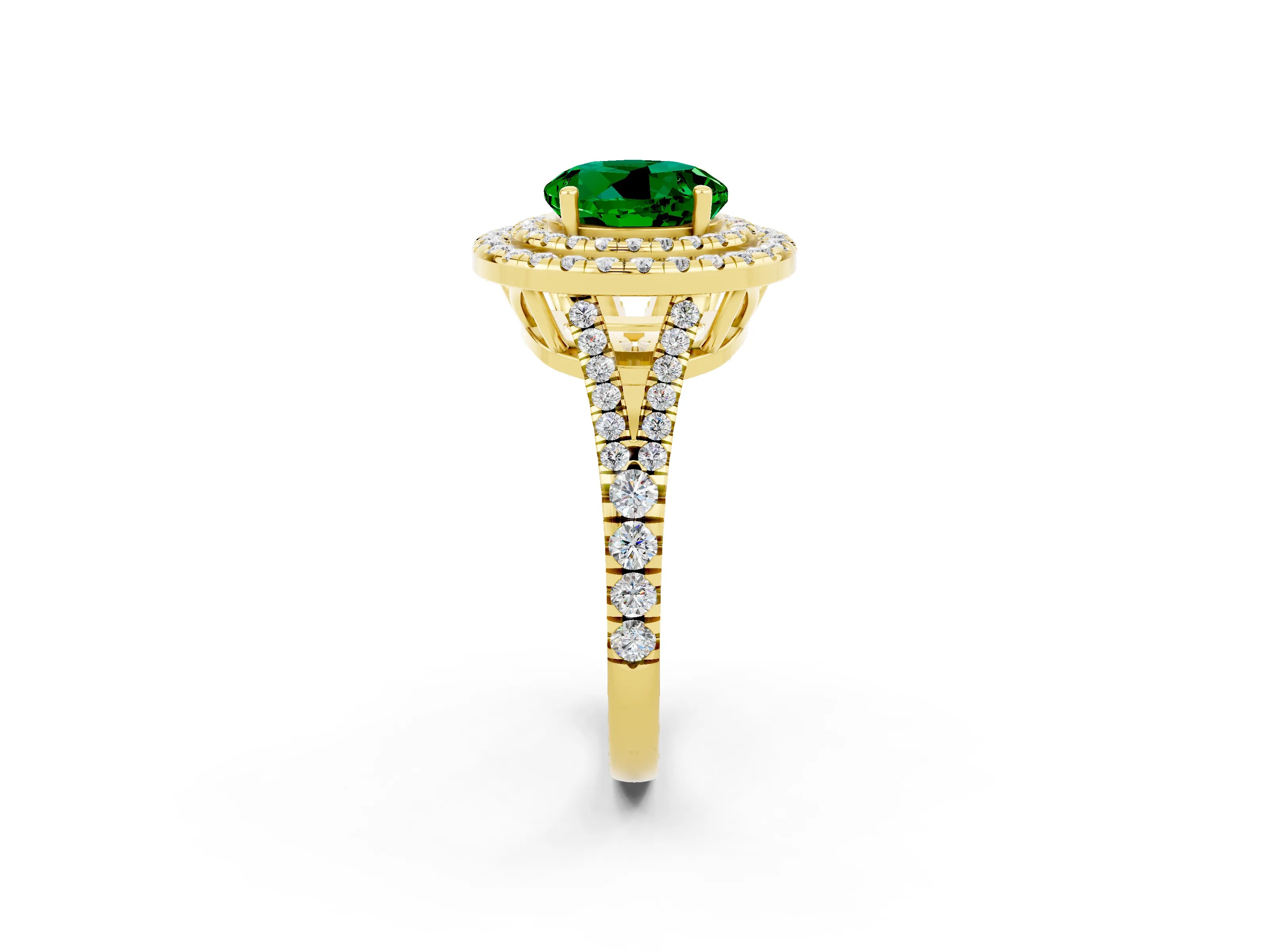 Yellow gold Round Cut Emerald Double Halo Ring with Pavé Band and Prong Setting_14