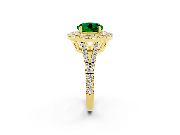 Yellow gold Round Cut Emerald Double Halo Ring with Pavé Band and Prong Setting