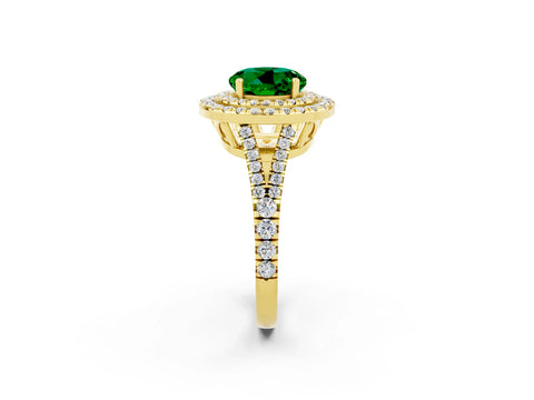 Yellow gold Round Cut Emerald Double Halo Ring with Pavé Band and Prong Setting_14