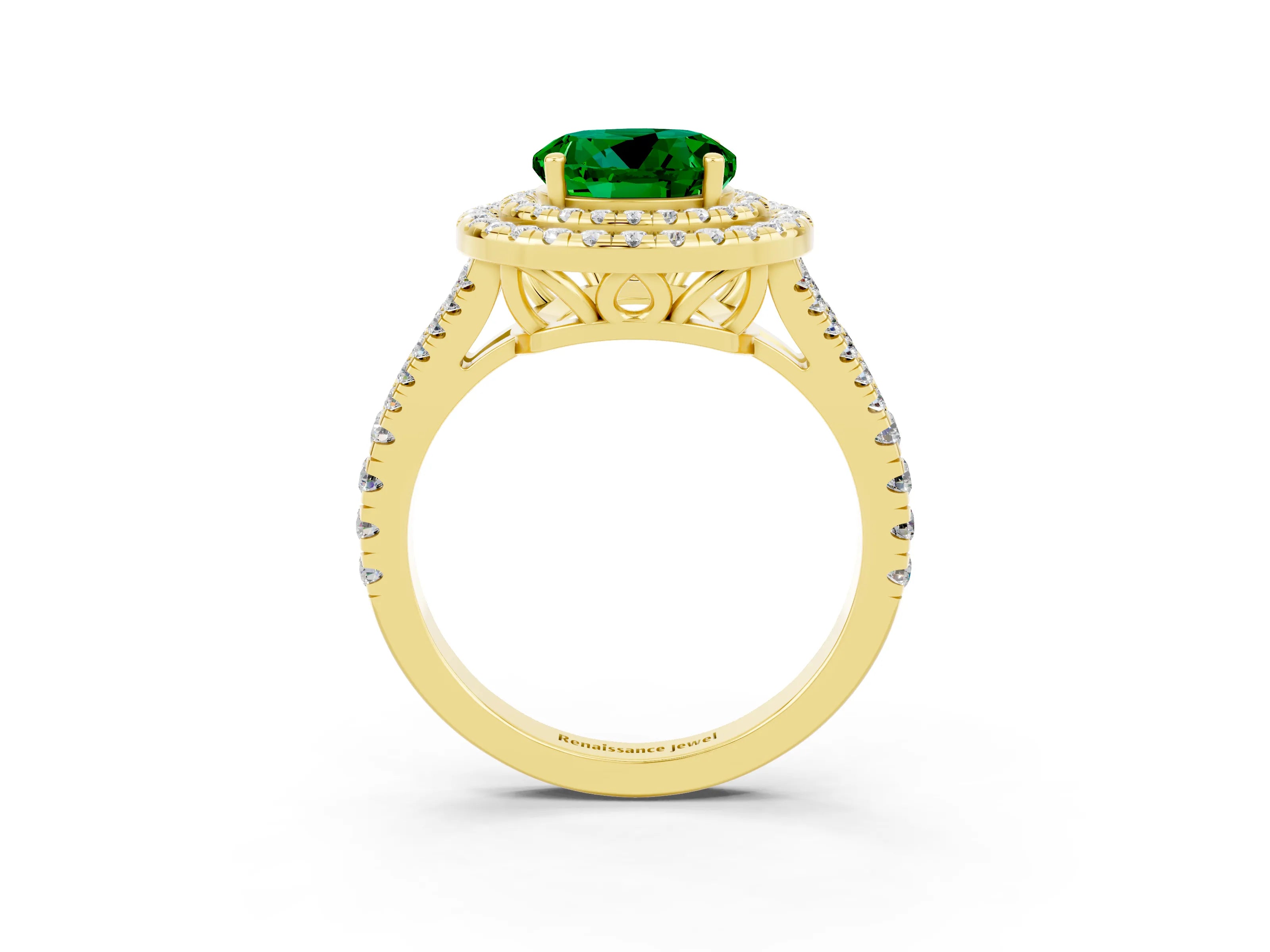 Yellow gold Round Cut Emerald Double Halo Ring with Pavé Band and Prong Setting_15