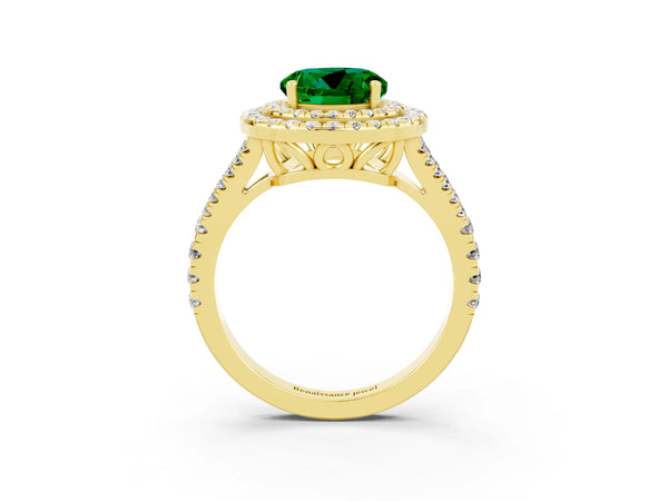 Yellow gold Round Cut Emerald Double Halo Ring with Pavé Band and Prong Setting