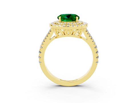 Yellow gold Round Cut Emerald Double Halo Ring with Pavé Band and Prong Setting_15