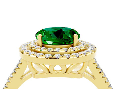 Yellow gold Round Cut Emerald Double Halo Ring with Pavé Band and Prong Setting_16