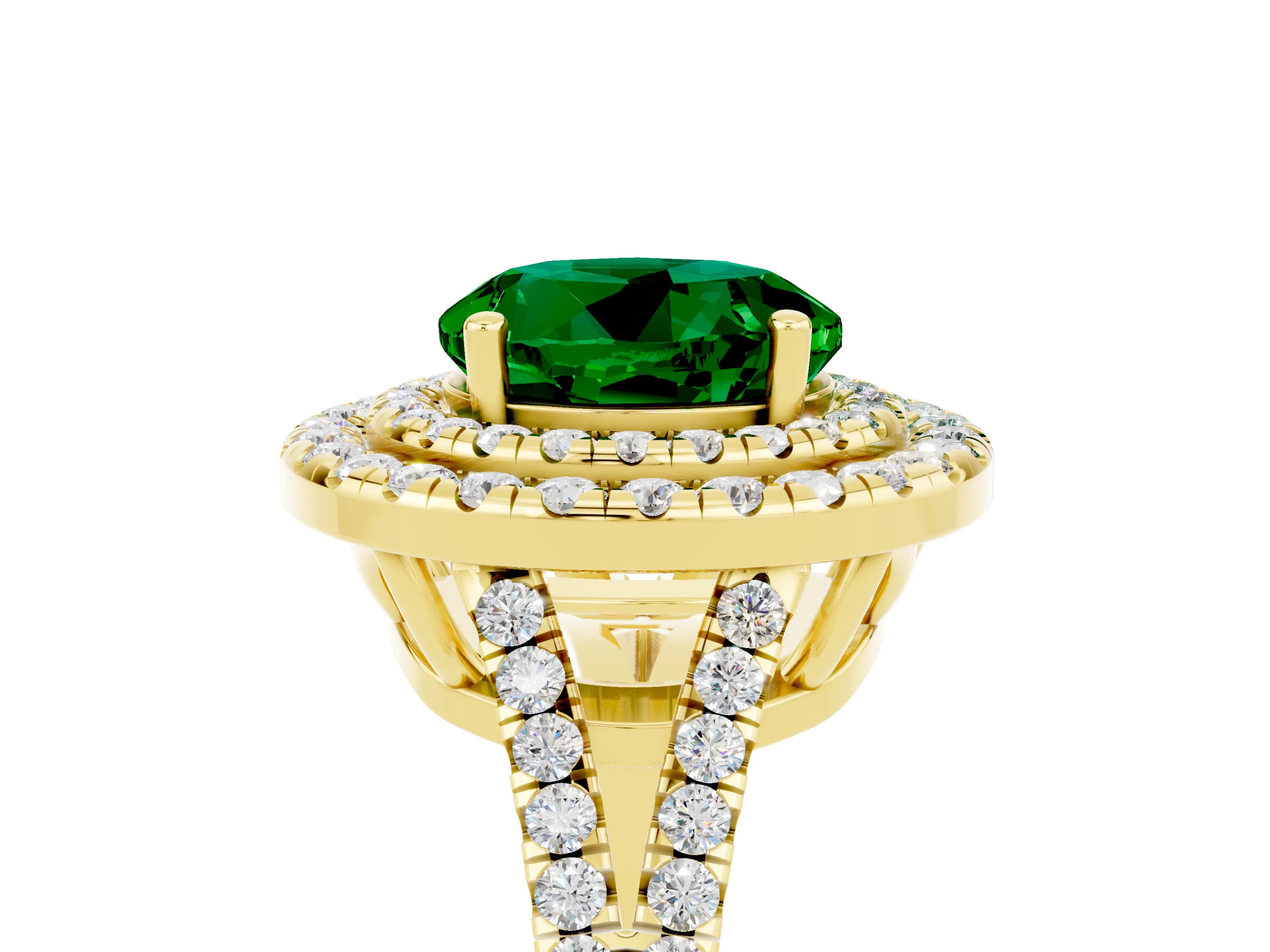 Yellow gold Round Cut Emerald Double Halo Ring with Pavé Band and Prong Setting_17