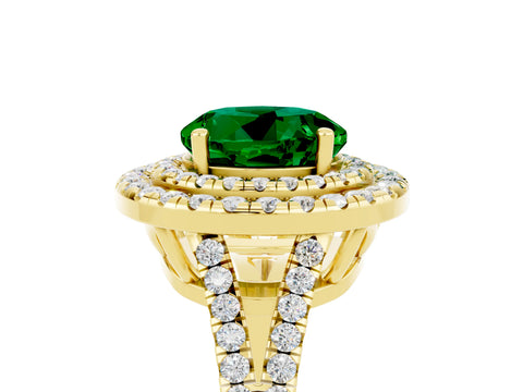 Yellow gold Round Cut Emerald Double Halo Ring with Pavé Band and Prong Setting_17