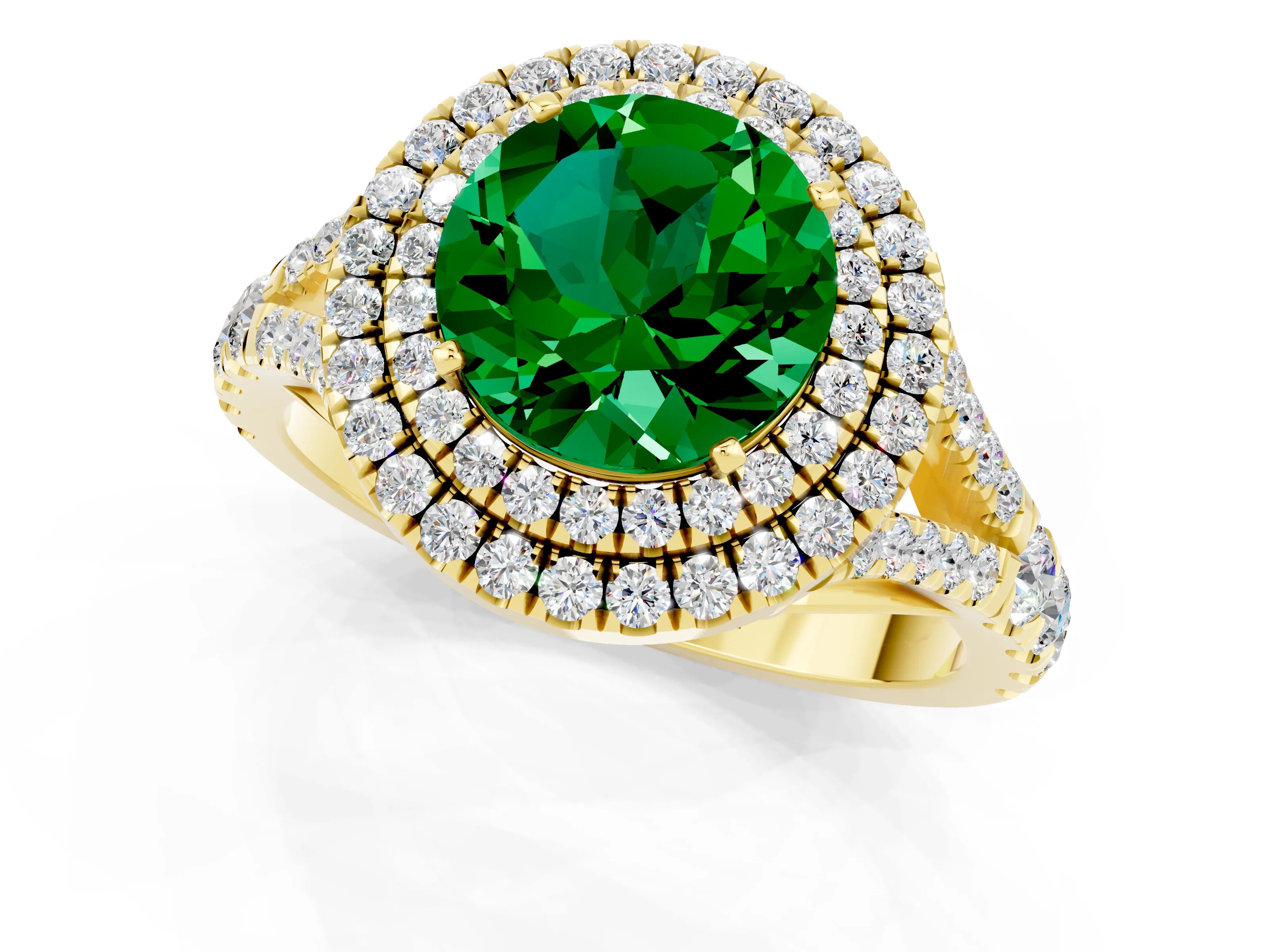 Yellow gold Round Cut Emerald Double Halo Ring with Split Shank and Prong Setting_13
