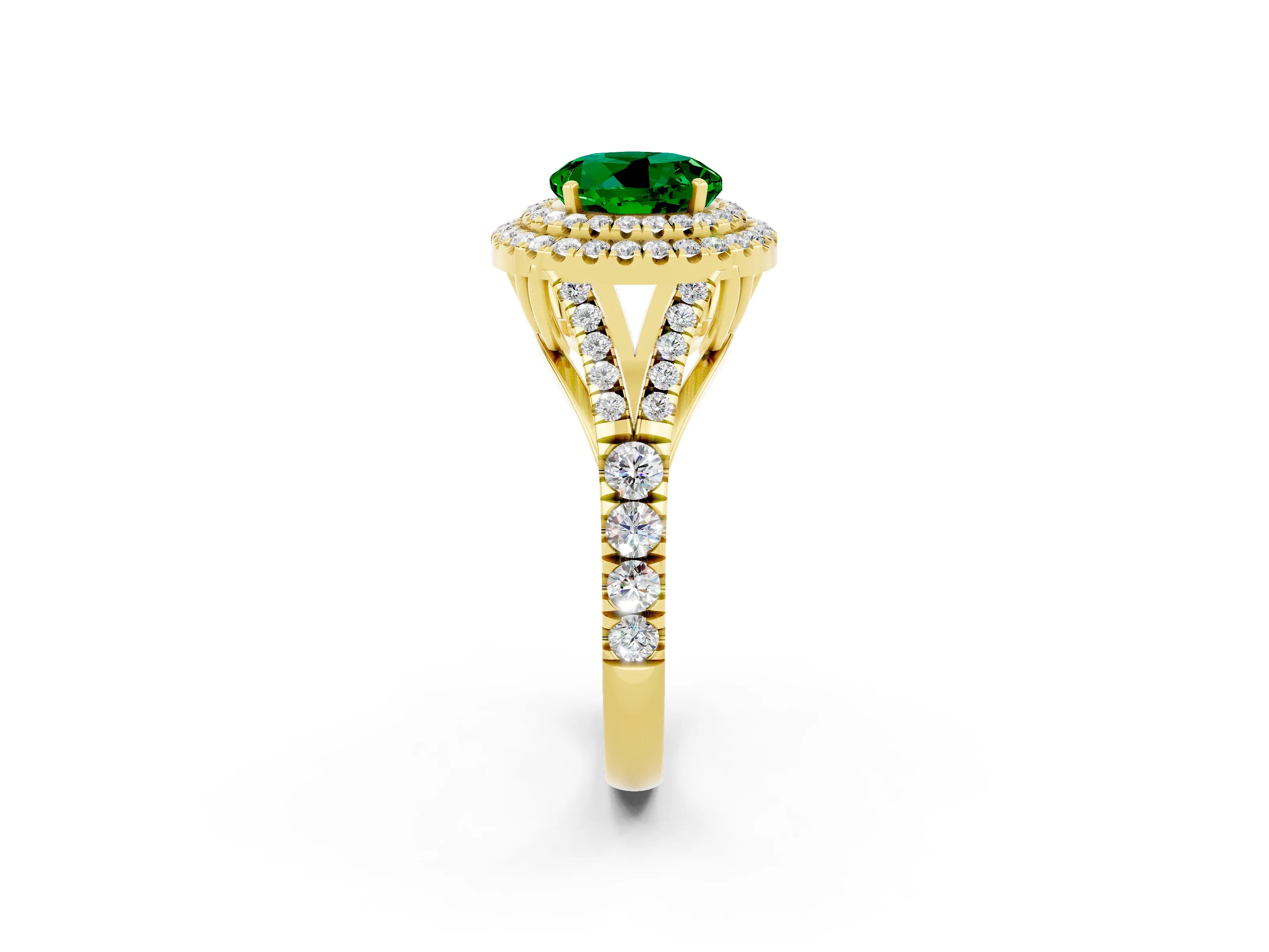 Yellow gold Round Cut Emerald Double Halo Ring with Split Shank and Prong Setting_14