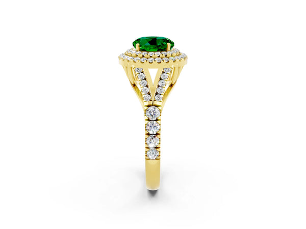Yellow gold Round Cut Emerald Double Halo Ring with Split Shank and Prong Setting