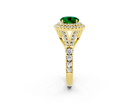 Yellow gold Round Cut Emerald Double Halo Ring with Split Shank and Prong Setting_14