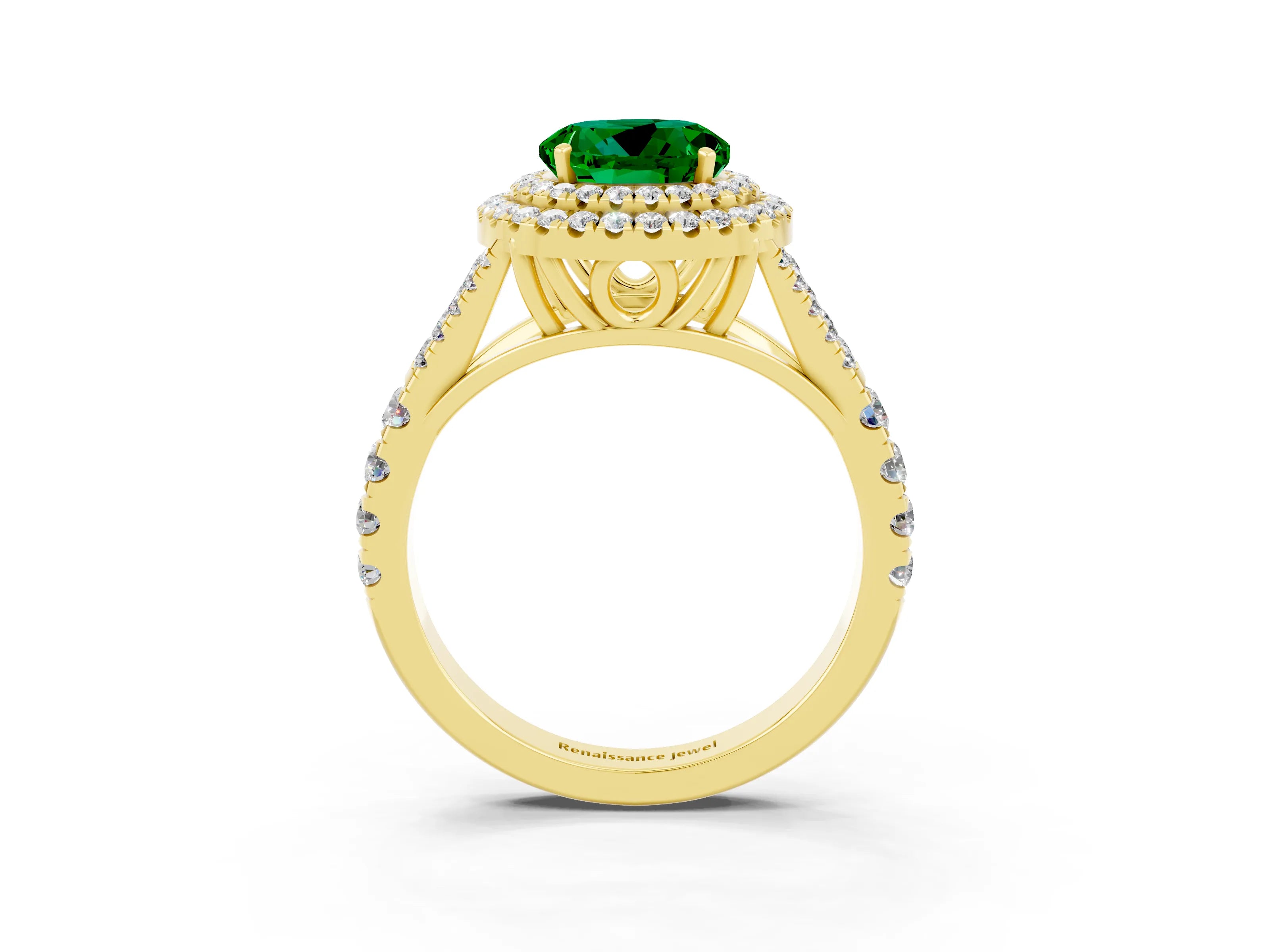 Yellow gold Round Cut Emerald Double Halo Ring with Split Shank and Prong Setting_15
