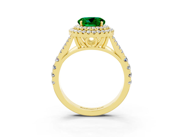 Yellow gold Round Cut Emerald Double Halo Ring with Split Shank and Prong Setting