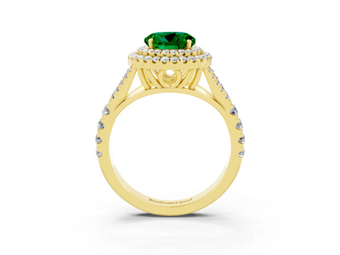Yellow gold Round Cut Emerald Double Halo Ring with Split Shank and Prong Setting_15