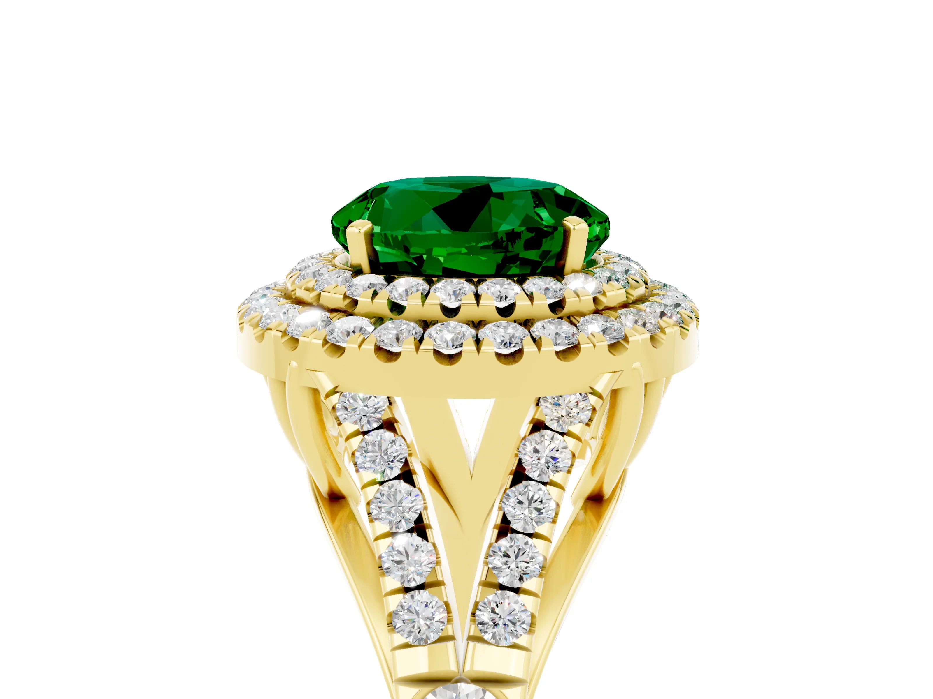 Yellow gold Round Cut Emerald Double Halo Ring with Split Shank and Prong Setting_17