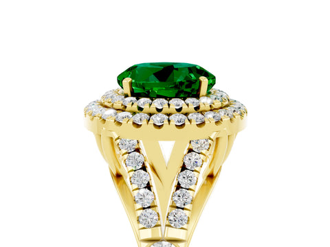 Yellow gold Round Cut Emerald Double Halo Ring with Split Shank and Prong Setting_17