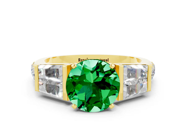 Yellow gold Round Cut Emerald Engagement Ring with Baguette Side Stones and Channel Set Band