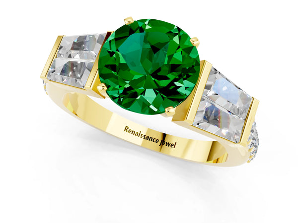 Yellow gold Round Cut Emerald Engagement Ring with Baguette Side Stones and Channel Set Band