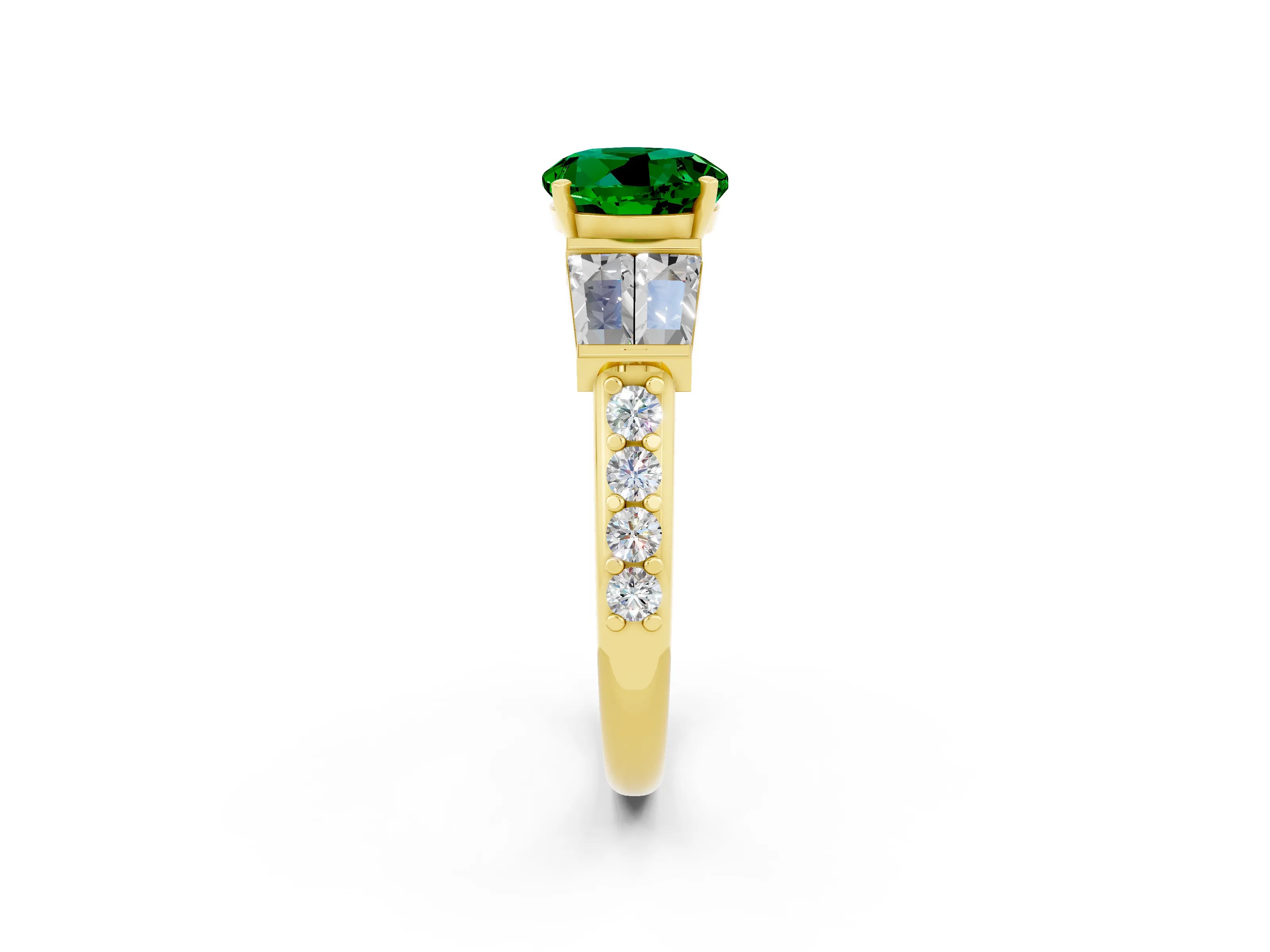 Yellow gold Round Cut Emerald Engagement Ring with Baguette Side Stones and Channel Set Band_2