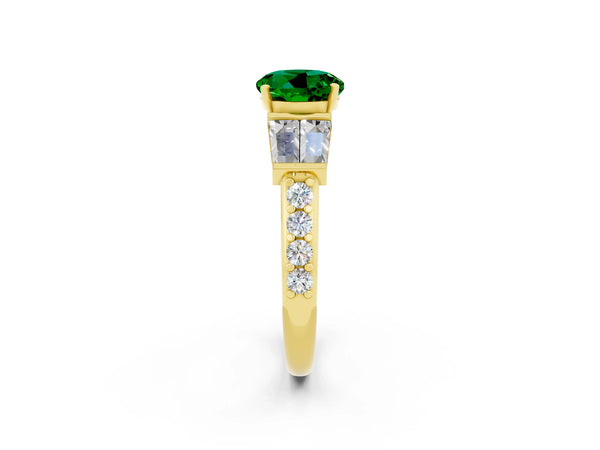 Yellow gold Round Cut Emerald Engagement Ring with Baguette Side Stones and Channel Set Band