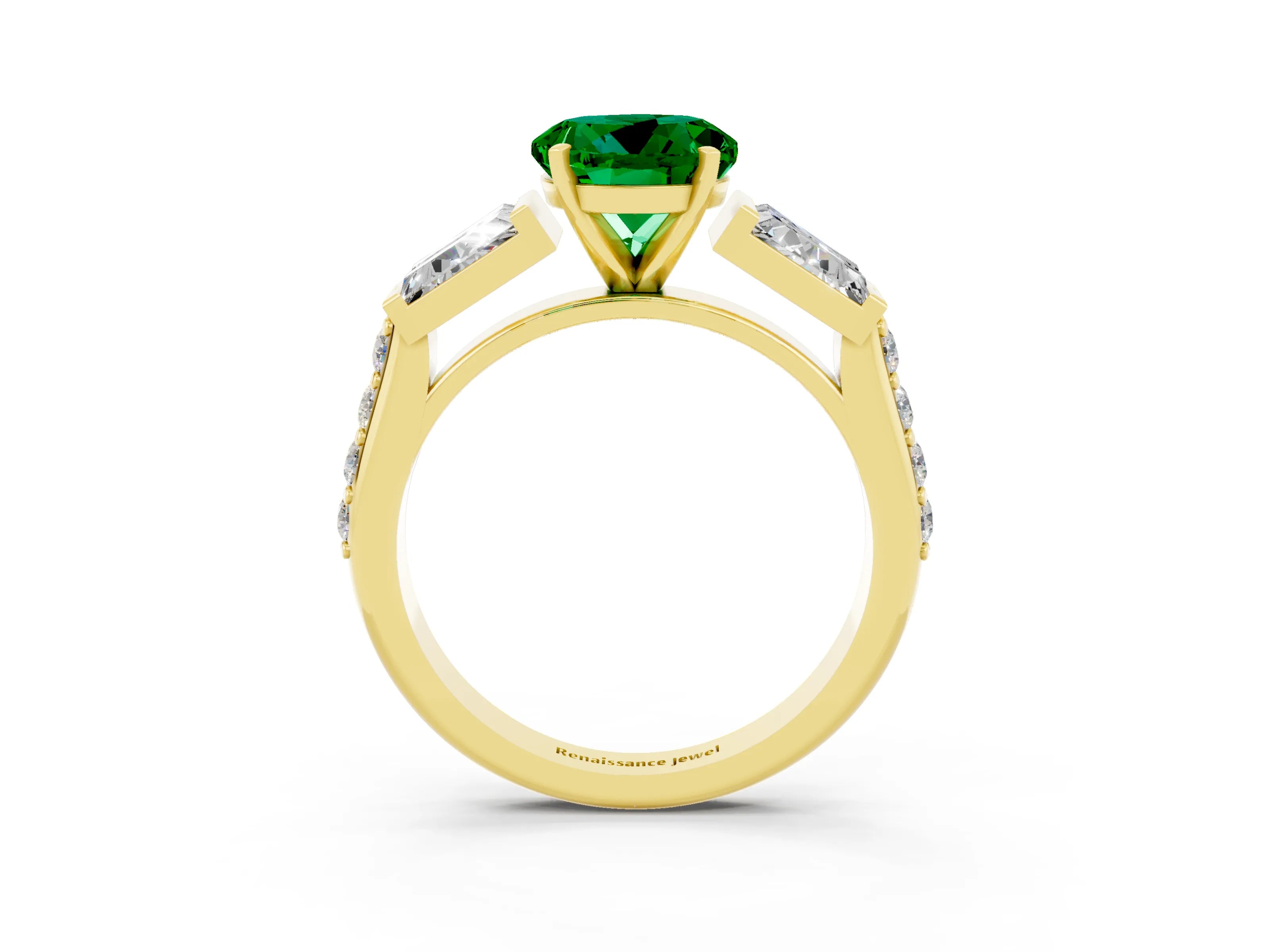 Yellow gold Round Cut Emerald Engagement Ring with Baguette Side Stones and Channel Set Band_3