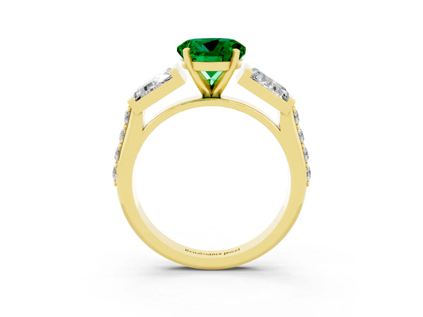 Yellow gold Round Cut Emerald Engagement Ring with Baguette Side Stones and Channel Set Band