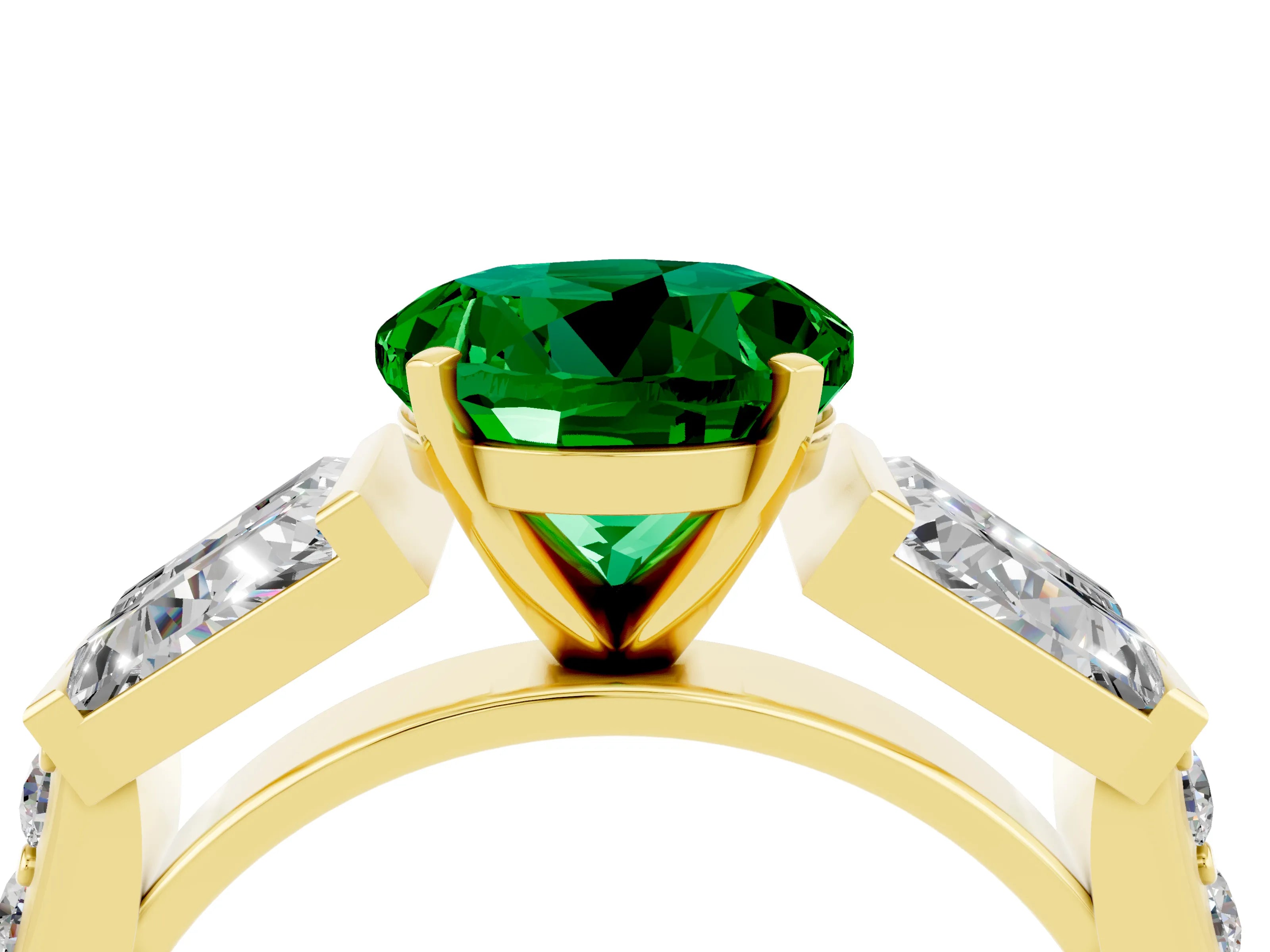 Yellow gold Round Cut Emerald Engagement Ring with Baguette Side Stones and Channel Set Band_4