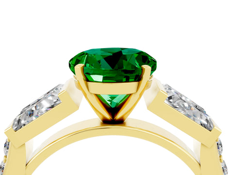 Yellow gold Round Cut Emerald Engagement Ring with Baguette Side Stones and Channel Set Band_4